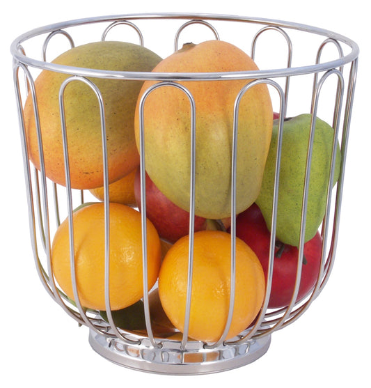 Obstkorb aus Metall mit Früchten.