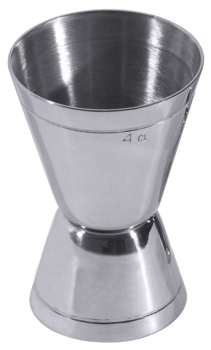 Zwei Edelstahl-Jigger für Cocktails.