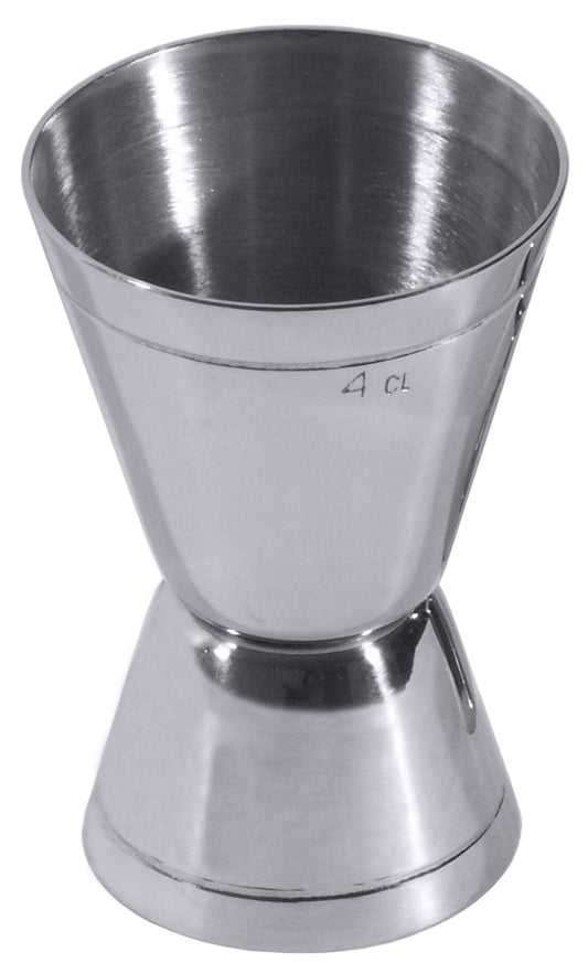 Zwei Edelstahl-Jigger für Cocktails.