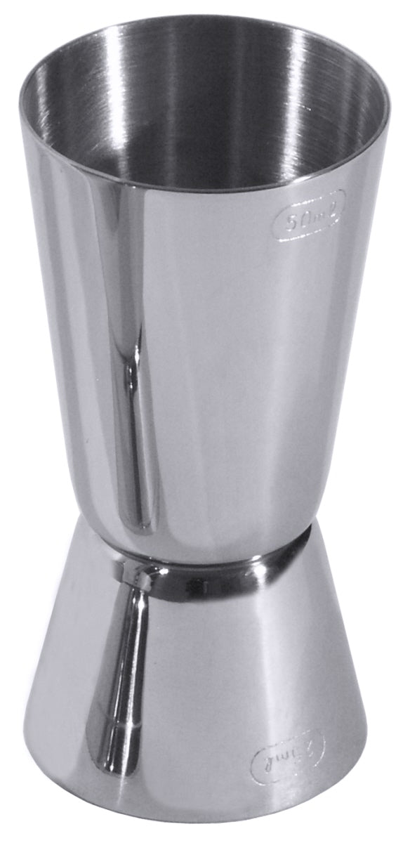 Zwei Edelstahl-Jigger für Cocktails.