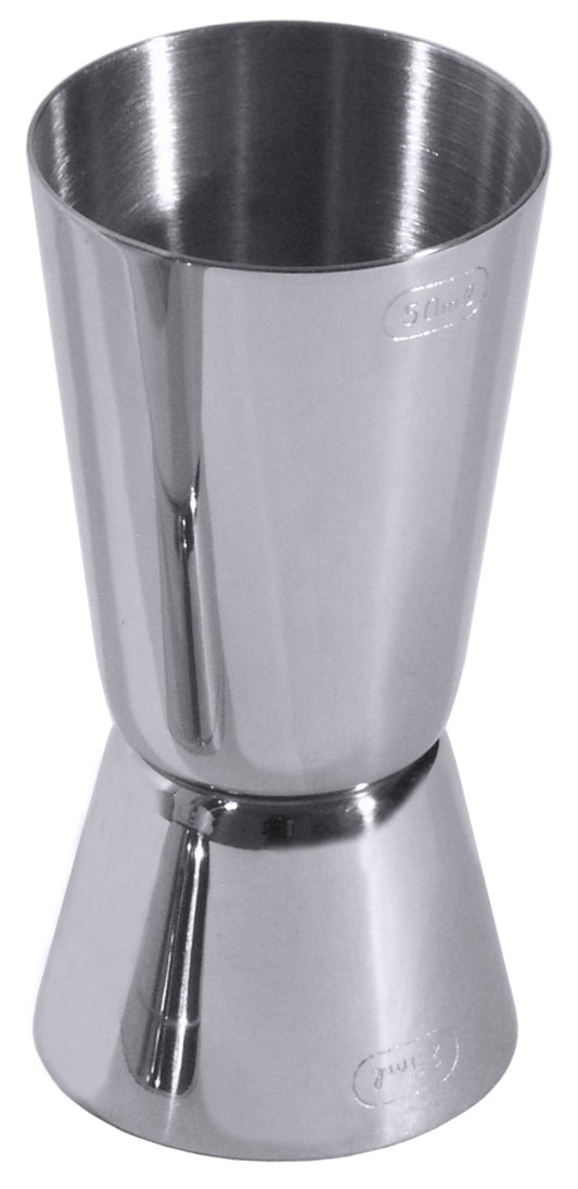 Zwei Edelstahl-Jigger für Cocktails.