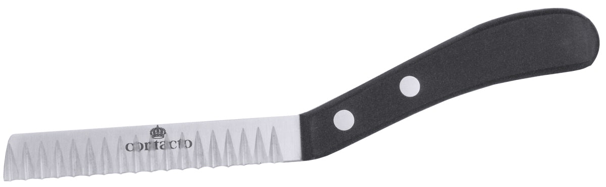 Gezacktes Messer mit schwarzem Griff.