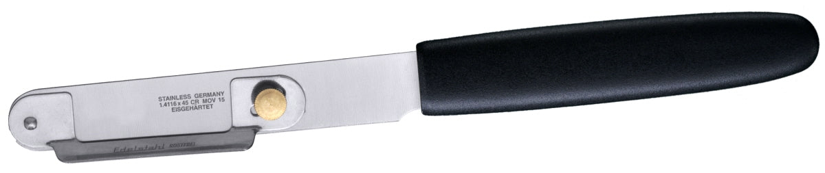 Schwarzer Sparschäler mit Metallklinge.