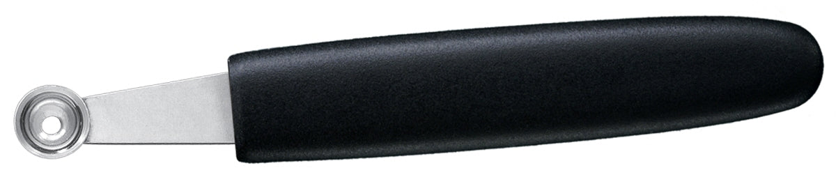 Schwarzer Griff mit Metallklinge.