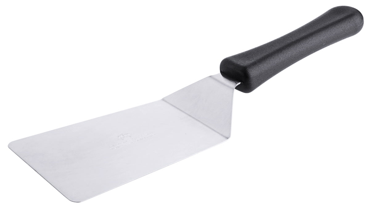 Metallspatel mit schwarzem Griff.