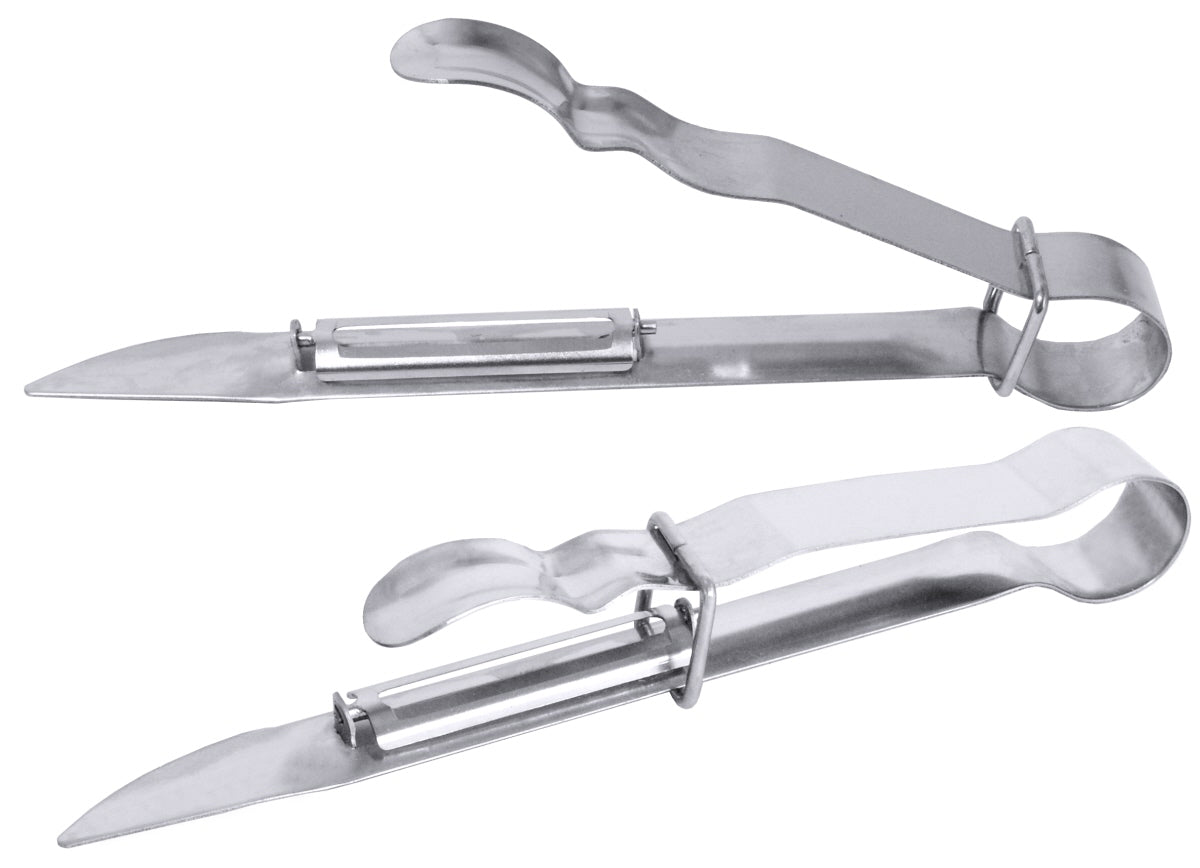 Zwei silberne Austernmesser aus Metall.