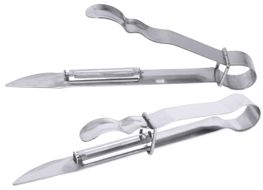 Zwei silberne Austernmesser aus Metall.