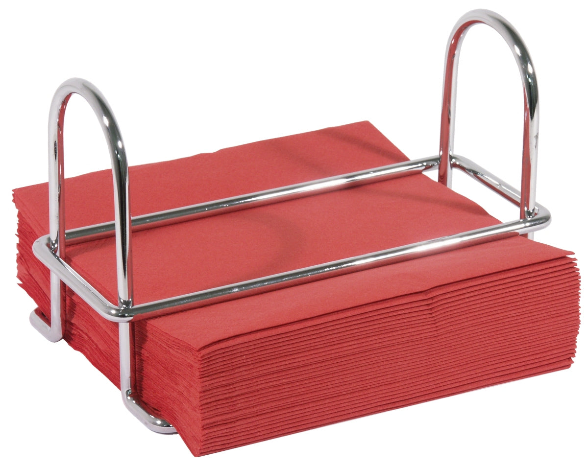 Serviettenhalter mit roten Servietten.