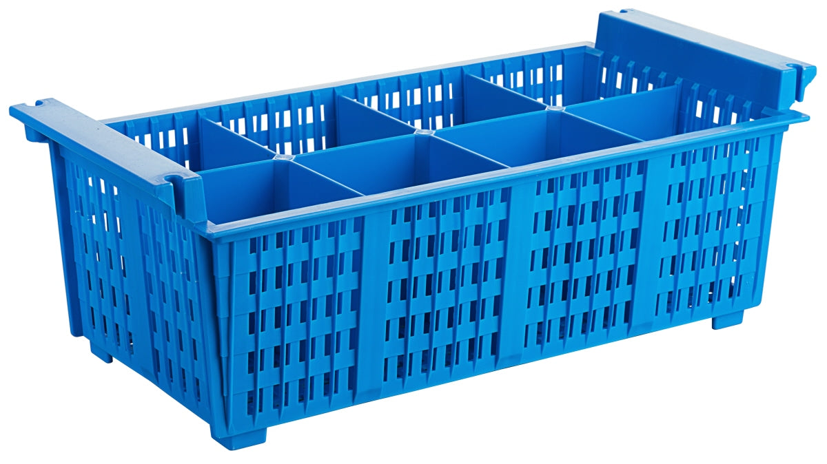 Blauer Kunststoffkorb mit Fächern.
