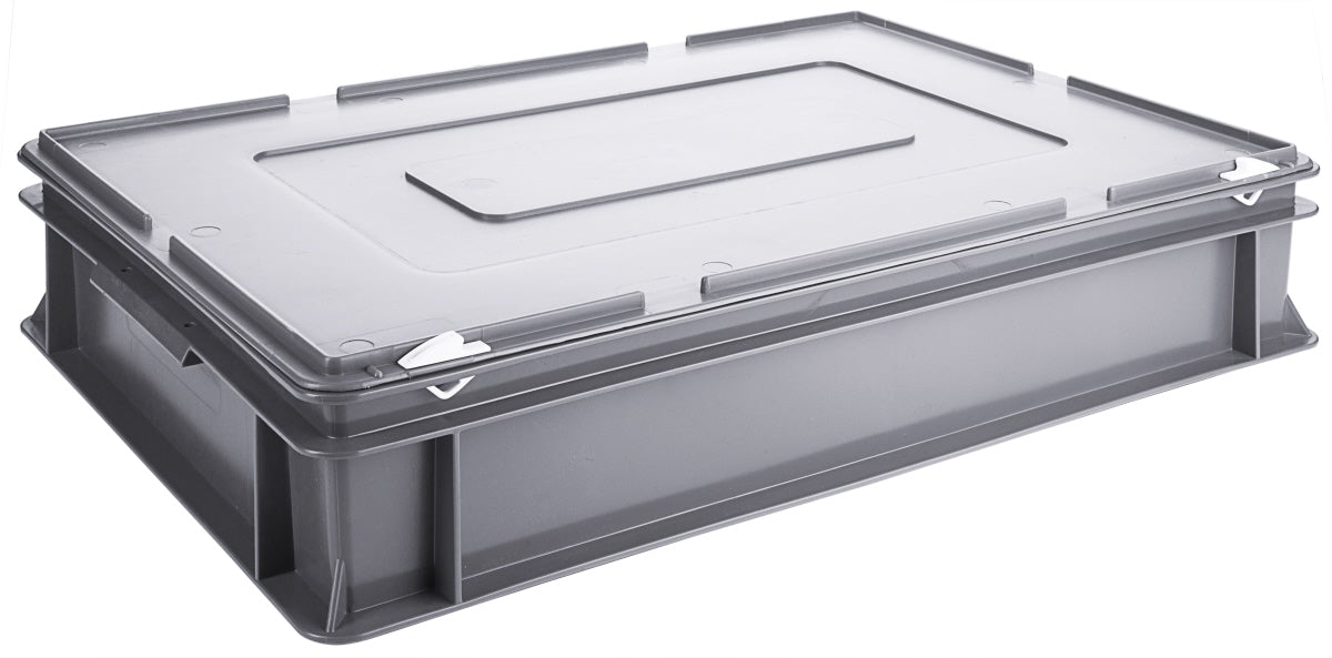 Graue Kunststoff-Transportbox mit Deckel.