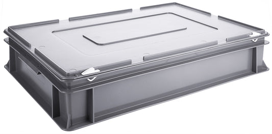 Graue Kunststoff-Transportbox mit Deckel.