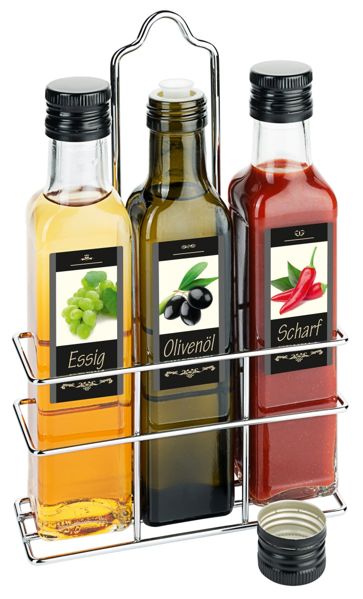 Essig, Olivenöl, scharfe Sauce.