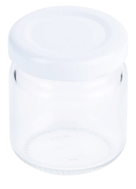 Leeres Glas mit weißem Deckel.