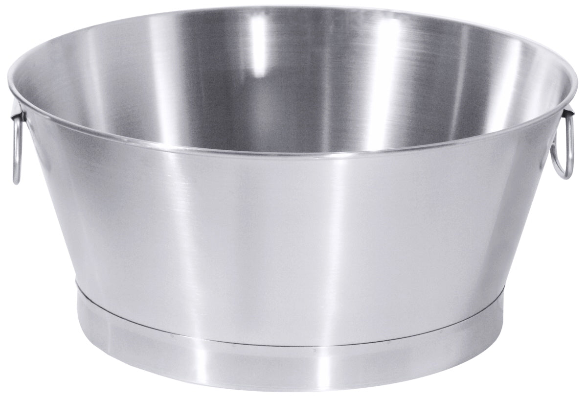 Große, silberne Metallschüssel mit Griffen.