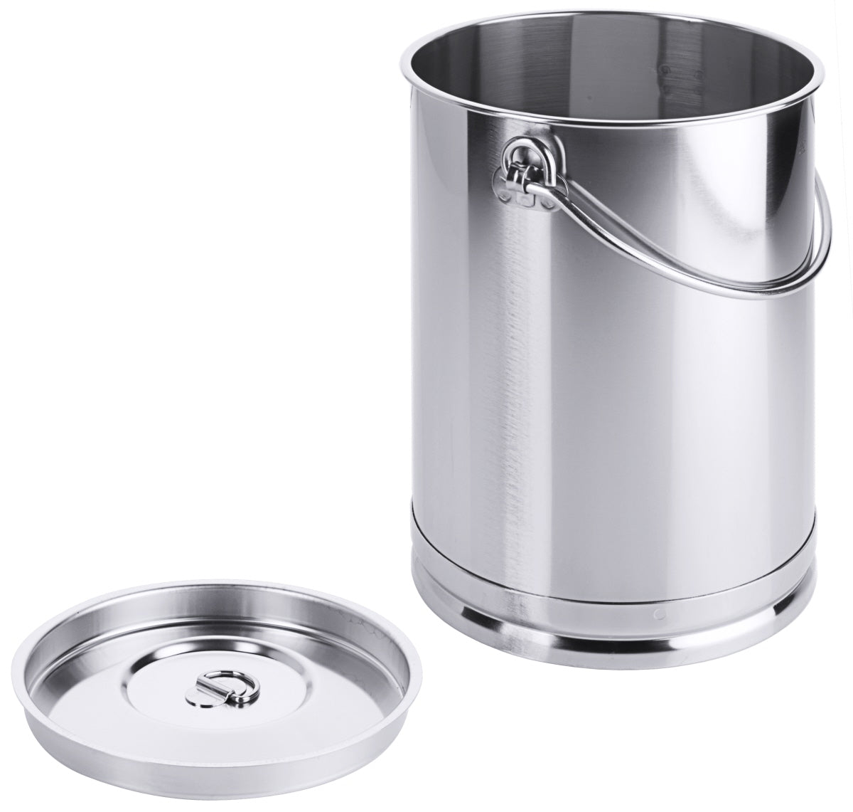 Edelstahlbehälter mit Deckel, offen.