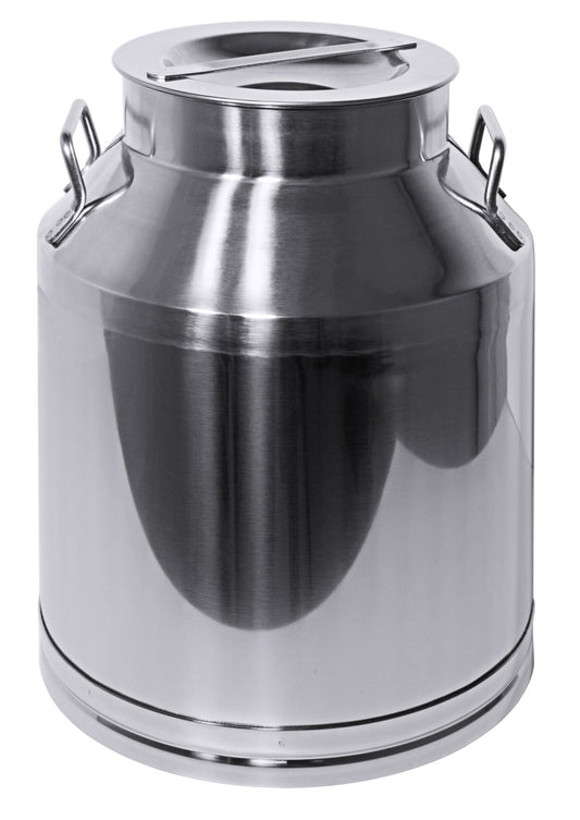 Edelstahl-Milchkanne mit Deckel.