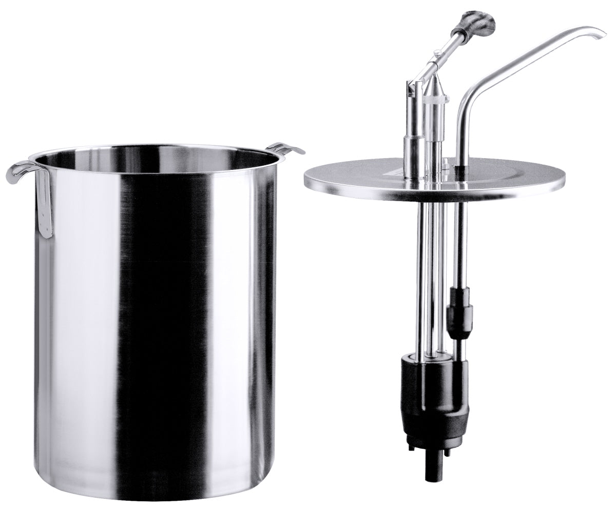 Edelstahl-Behälter mit Pumpmechanismus.