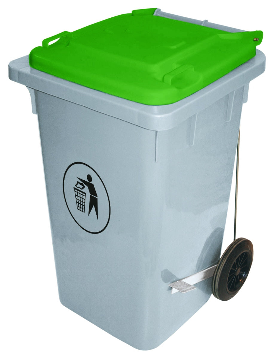 Mülltonne mit grünem Deckel.