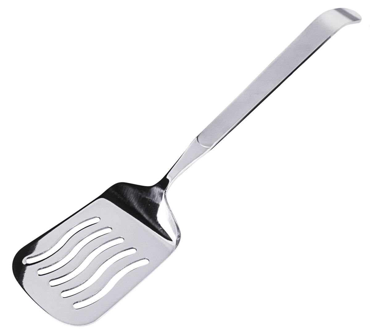Metall-Pfannenwender mit Schlitzen.