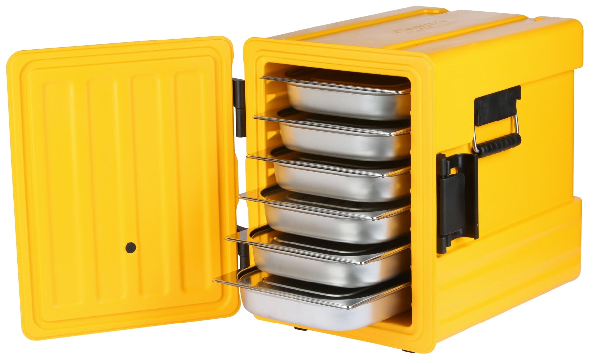 Gelber Thermobehälter mit Edelstahlbehältern.