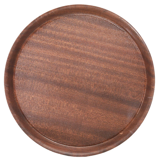Rundes, braunes Serviertablett aus Holz.