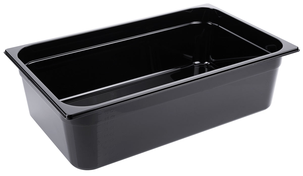 Schwarze GN-Behälter aus Kunststoff.