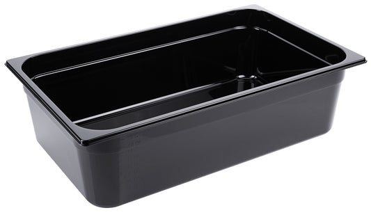 Schwarze GN-Behälter aus Kunststoff.