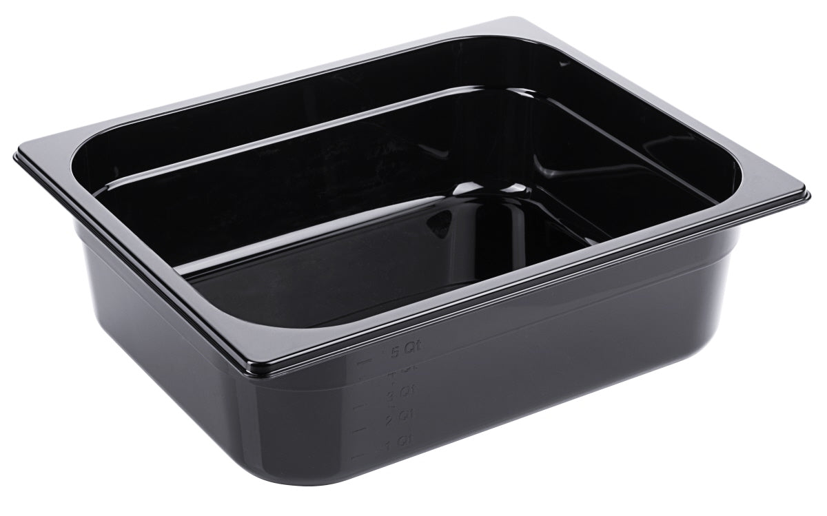 Schwarze GN-Behälter aus Kunststoff.
