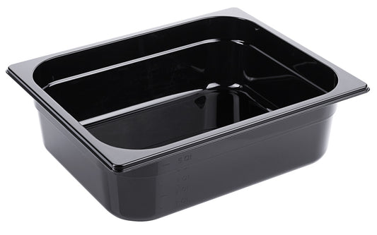 Schwarze GN-Behälter aus Kunststoff.