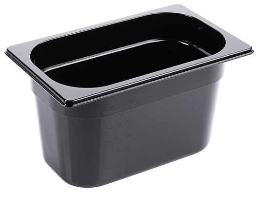 Schwarze GN-Behälter aus Kunststoff.