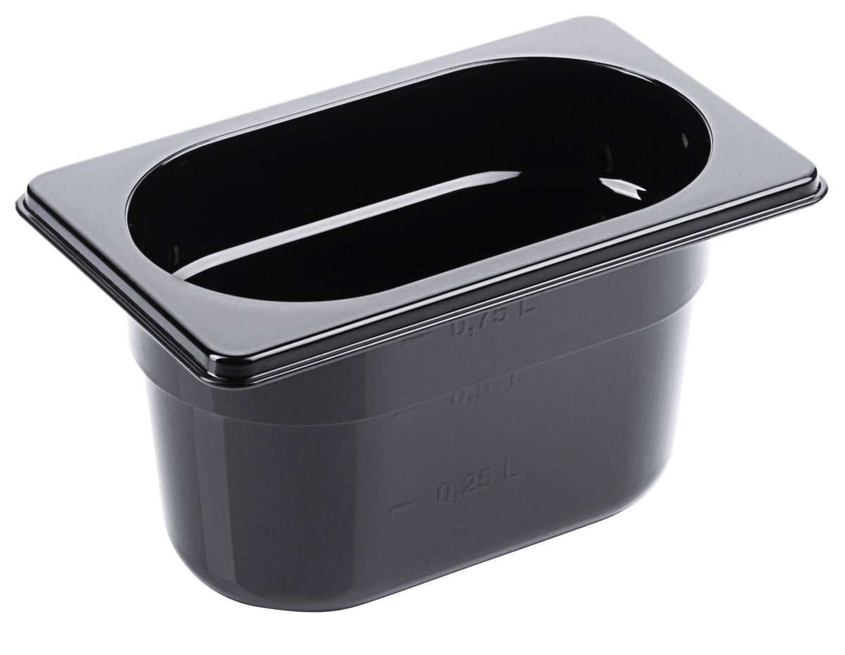 Schwarze GN-Behälter aus Kunststoff.