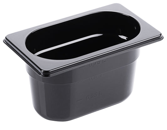 Schwarze GN-Behälter aus Kunststoff.