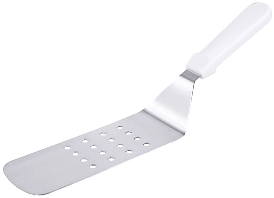 Metallspatel mit Löchern, weißer Griff.