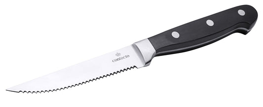 Gezacktes Küchenmesser mit schwarzem Griff.