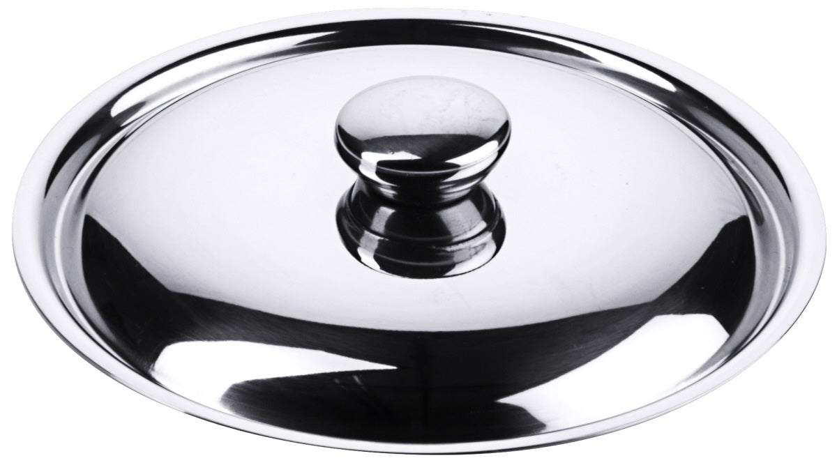 Edelstahl-Topfdeckel auf weißem Hintergrund.