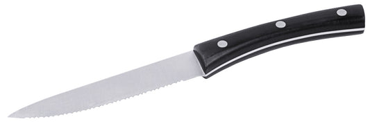 Gezacktes Küchenmesser mit schwarzem Griff.