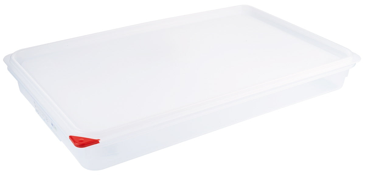 Transparente Kunststoff-Aufbewahrungsbox mit Deckel.