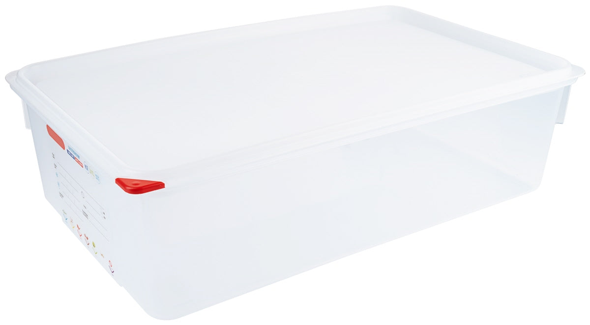 Transparente Kunststoff-Aufbewahrungsbox mit Deckel.