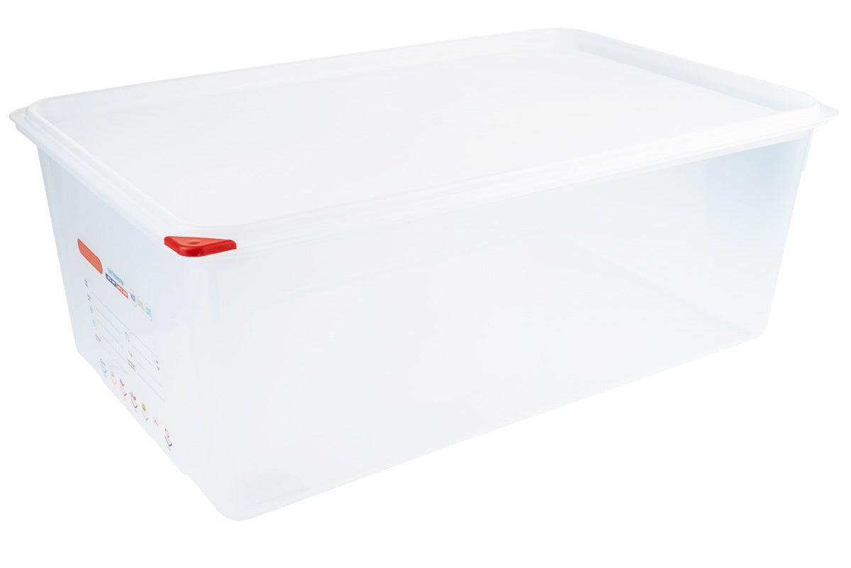 Transparente Kunststoff-Aufbewahrungsbox mit Deckel.