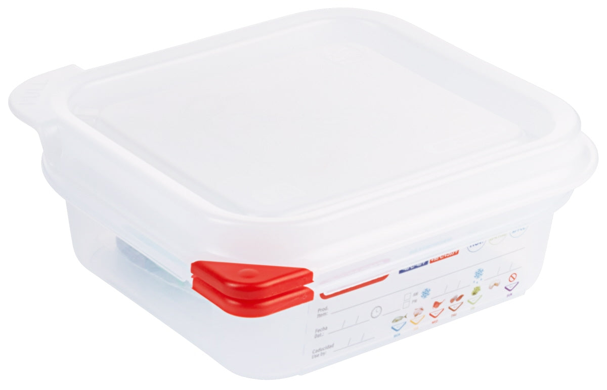 Weiße Plastikbox mit rotem Verschluss.