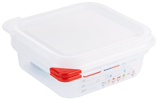 Weiße Plastikbox mit rotem Verschluss.