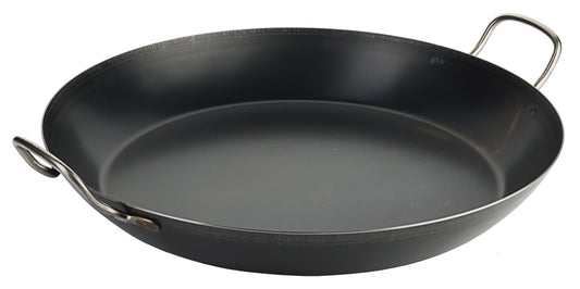 Große schwarze Pfanne mit Griffen.