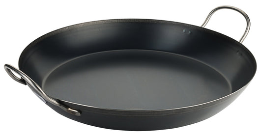 Große schwarze Pfanne mit Griffen.