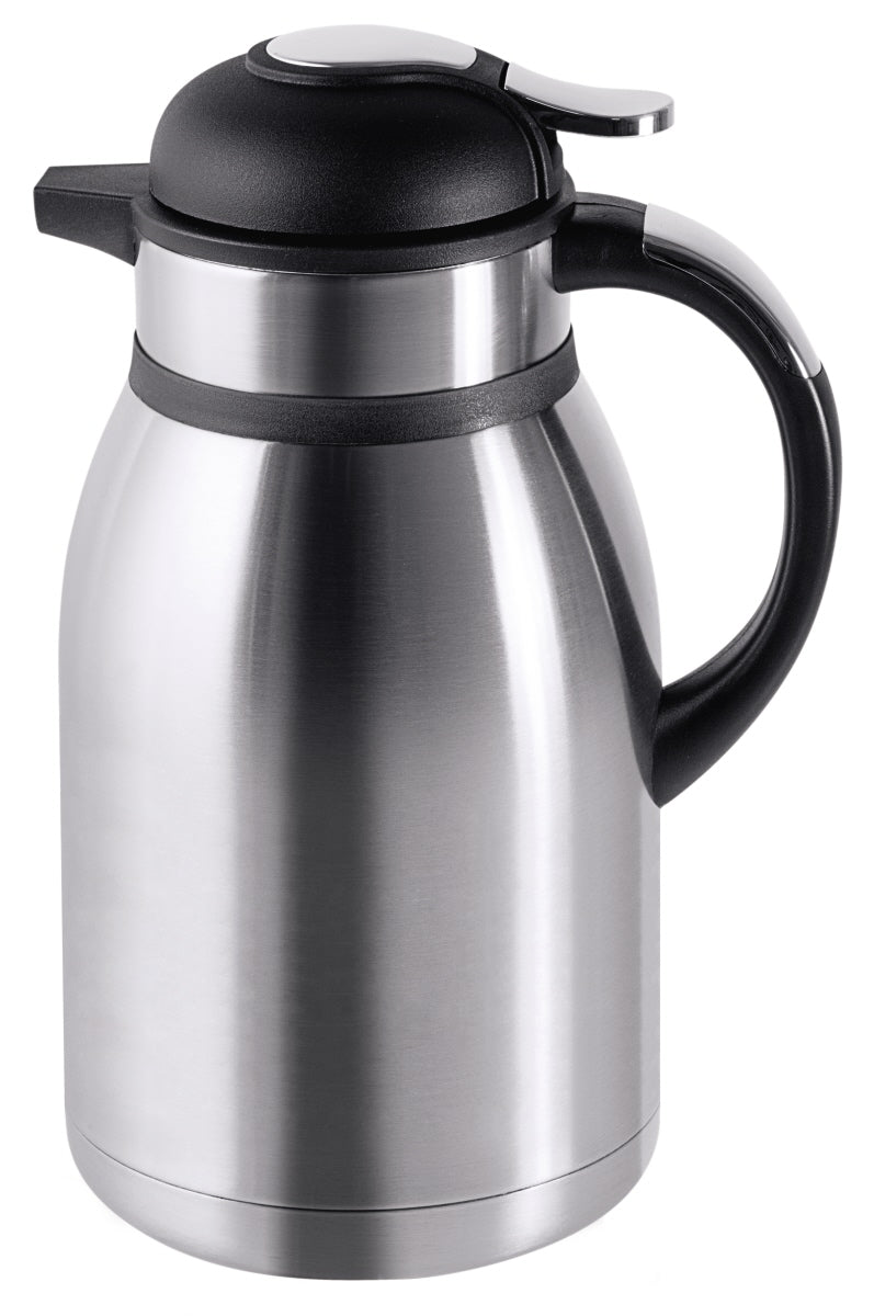 Silberne Thermoskanne mit schwarzem Griff.