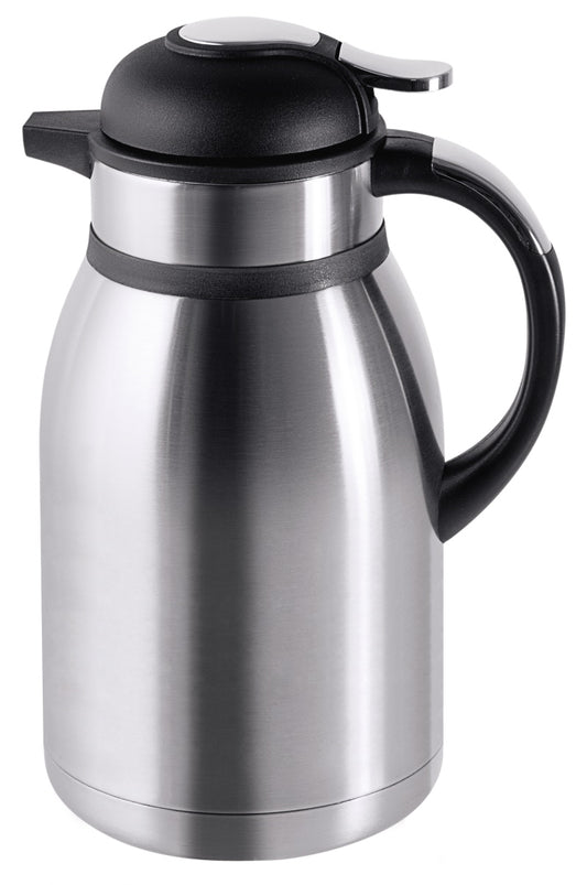 Silberne Thermoskanne mit schwarzem Griff.