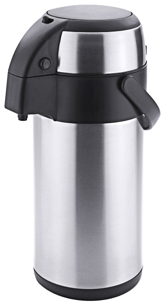 Silberne Thermoskanne mit Pumpmechanismus.
