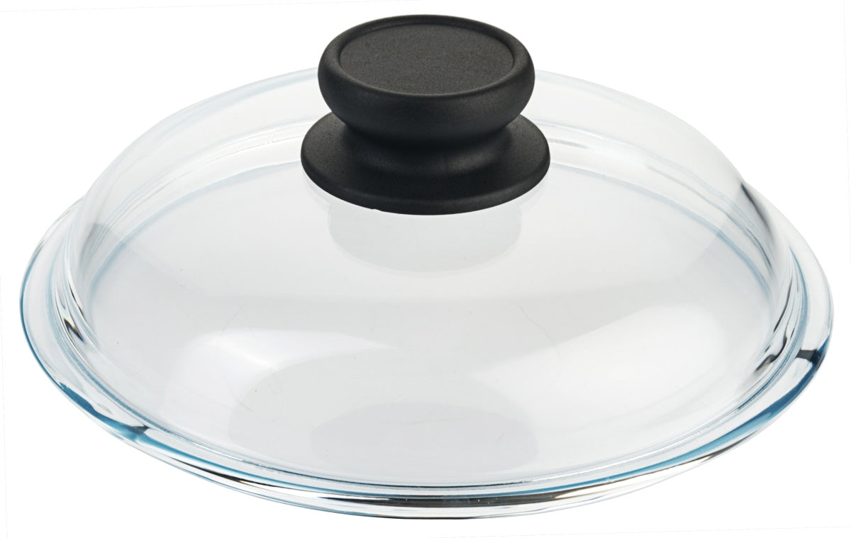 Glasdeckel mit schwarzem Griff.