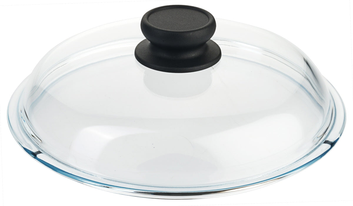 Glasdeckel mit schwarzem Griff.