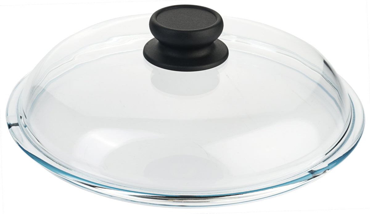 Glasdeckel mit schwarzem Griff.