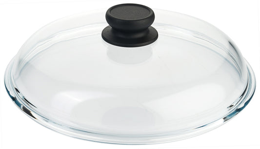 Glasdeckel mit schwarzem Griff.